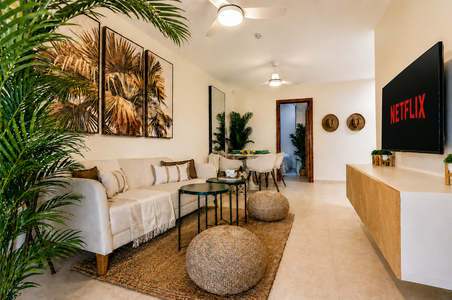 Elegant and bright open-plan living room, thoughtfully designed for style and comfort - the heart of the bungalow, perfect for relaxing and feeling at home in Fuerteventura.