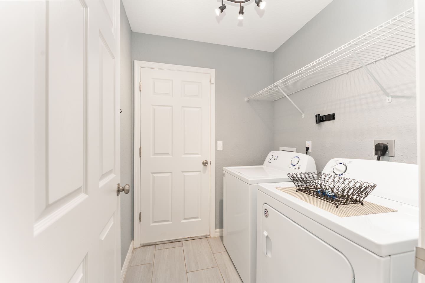 Washer and dryer for your use.  A complimentary starter supply of laundry pods is provided. 