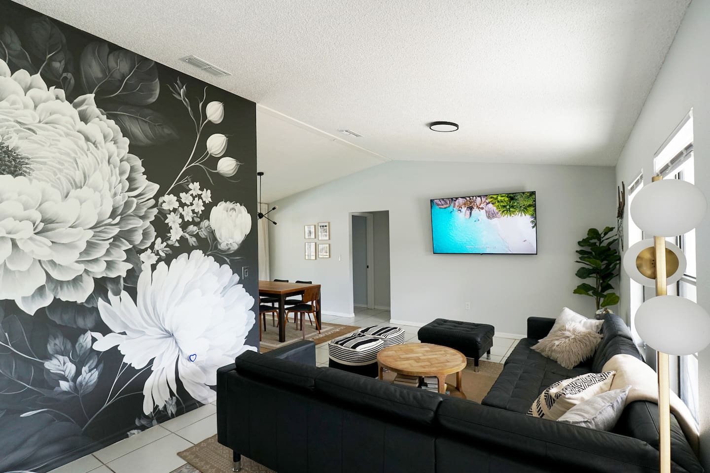 Living room with a 70” smart tv.