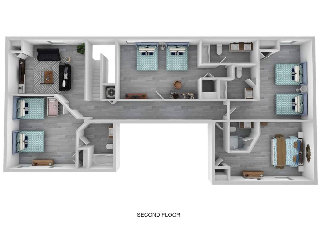 Second Floor Plan: Upper Level Living Room w 2 Futon Beds, 1 King Bedroom, Double Queen Bedroom with Crib, Double Queen Bedroom, Double Queen Bedroom.
