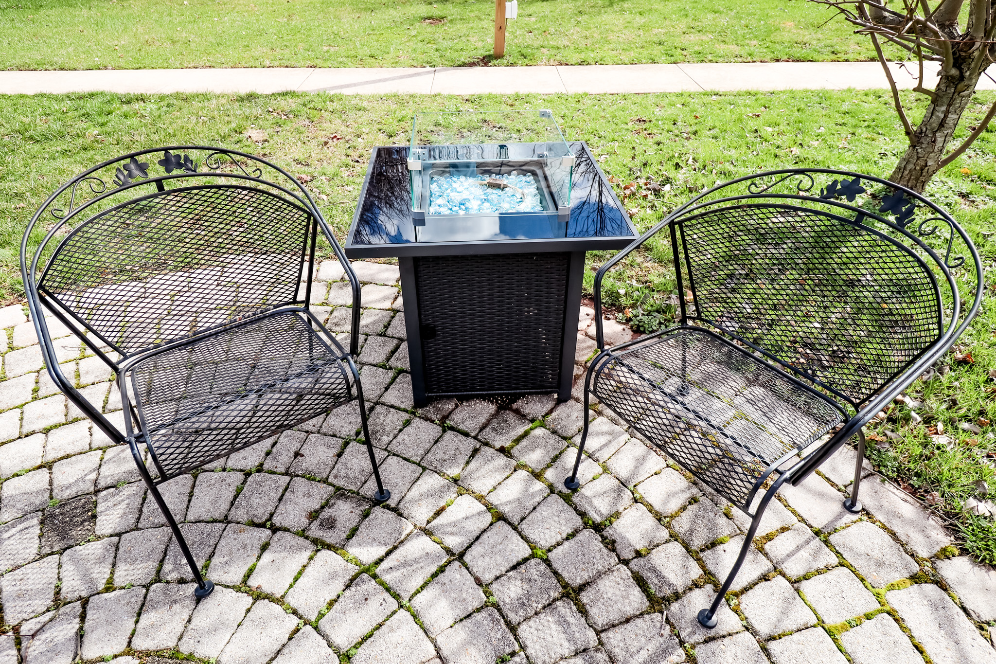 Propane fire pit-  grab the chairs off shed deck or the beach rug from outdoor storage bin and hang by the fire