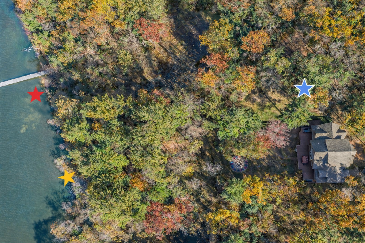 Aerial view of proximity to dock and beach. Note the home is on the Lake but there is a short walk to access. Home is marked by blue star, pier is marked by red star, and beach marked gold.