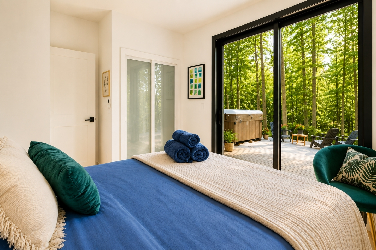 Experience the perfect blend of modern design and nature in this sleek, mirror-finish bedroom. Expansive windows frame breathtaking outdoor views, allowing natural light to pour in and create a seamless connection to the outdoors.