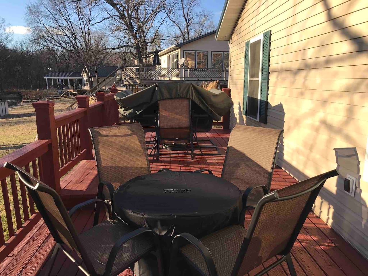 Propane fire pit on the deck for those evenings when a fire flame makes life a little more relaxing. 