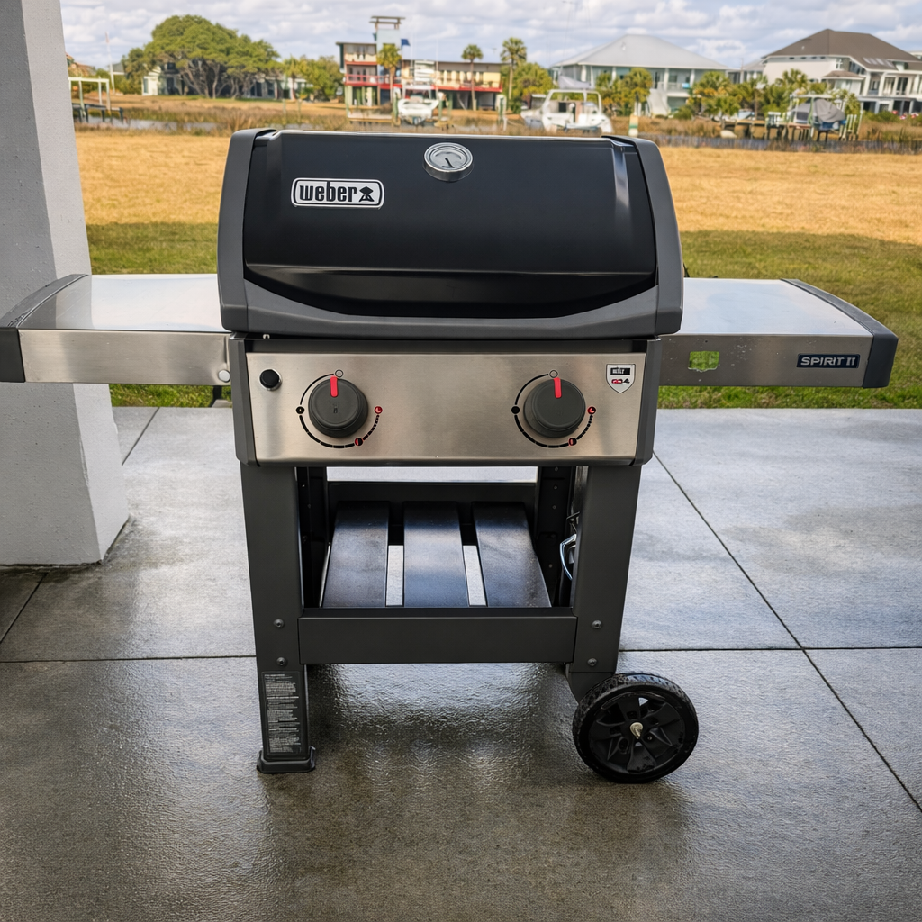 Weber gas grill ready for backyard BBQ season and outdoor cooking.