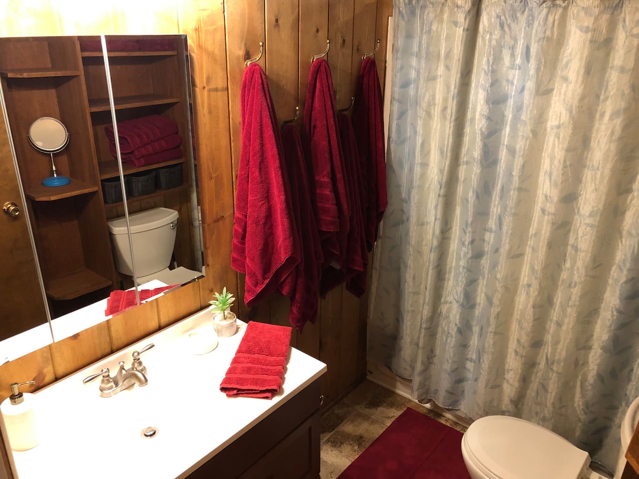 Curling iron, blow dryer and makeup mirror available for use.  Mirror is a medicine cabinet for more storage.