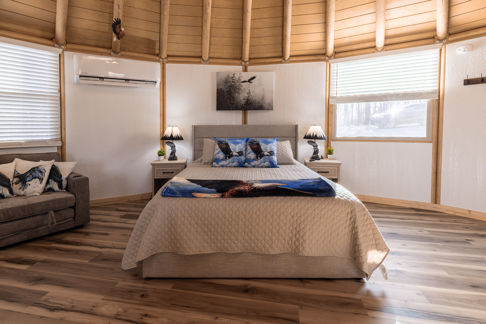 Perfectly centered king bed beneath the soaring dome ceiling for a peaceful night’s sleep