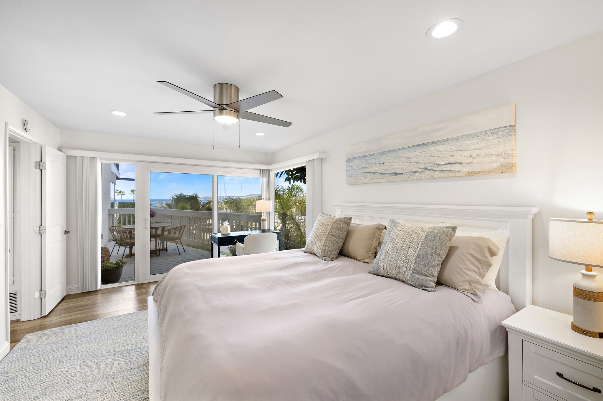 Designed for exceptional rest, the primary bedroom offers a plush DreamCloud mattress, ultra-soft luxury linens, a quiet ocean-view desk for work or reflection, and direct access to a private deck ideal for morning coffee or evening cocktails.