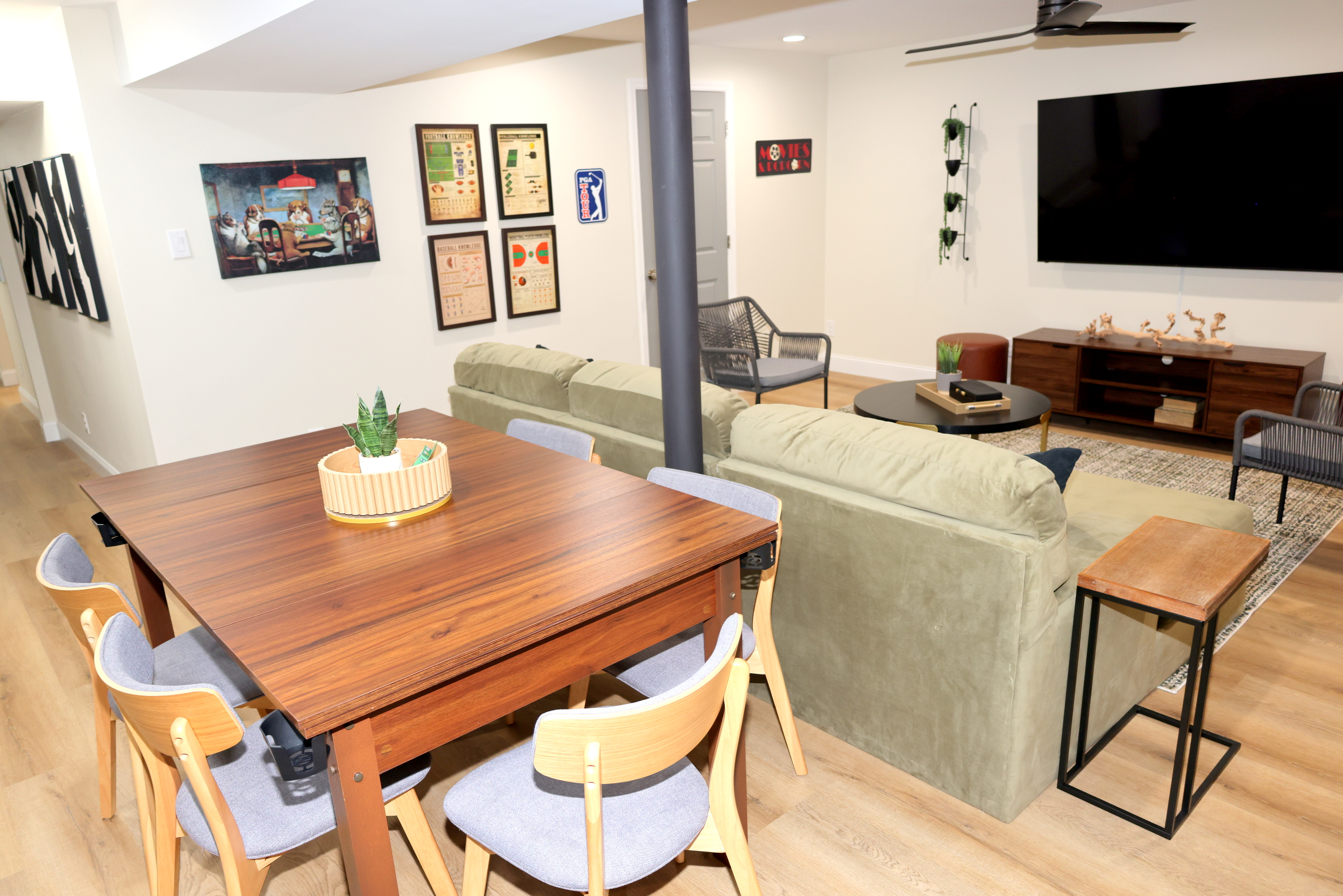 Game table and lounge area perfect for family game nights and group fun