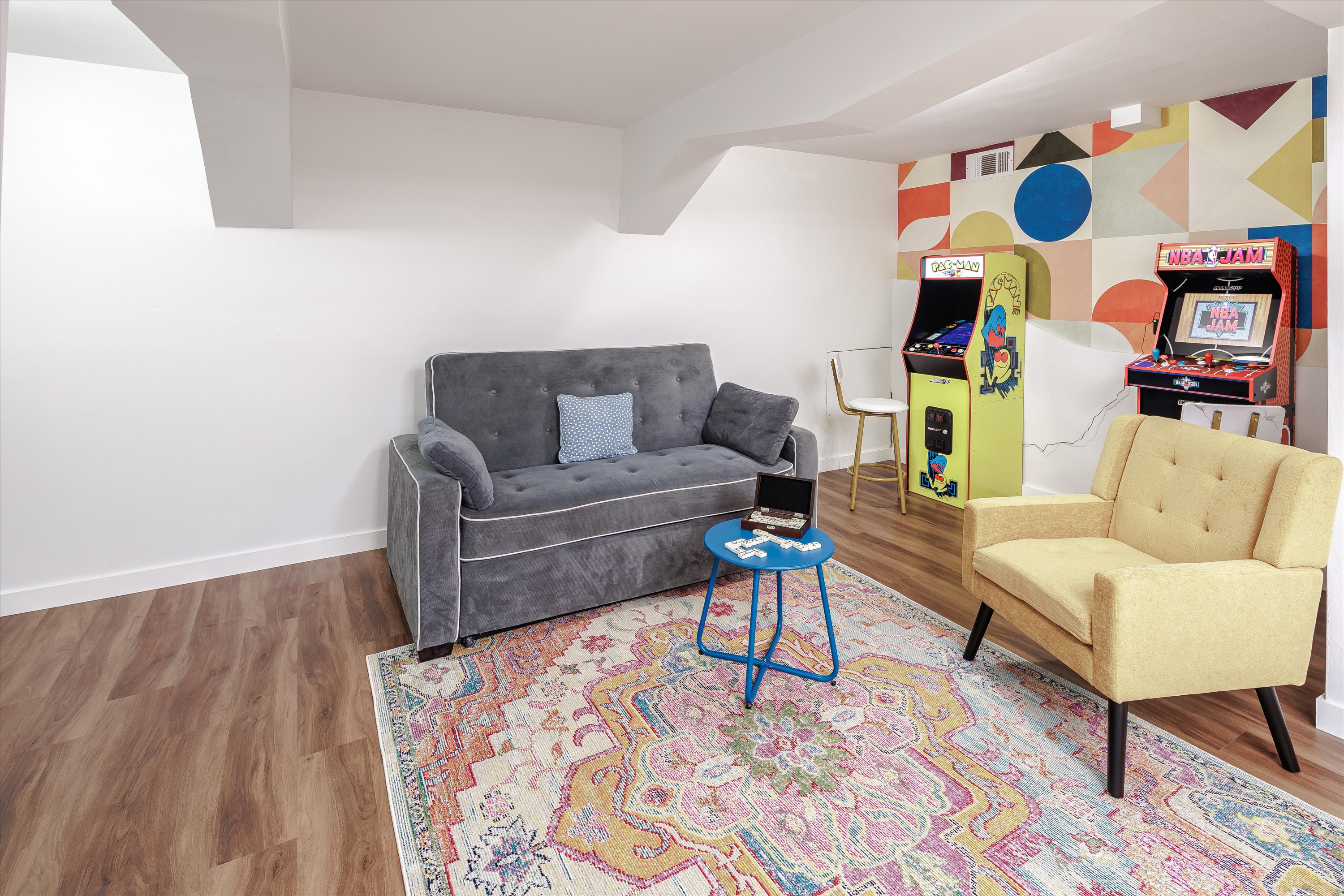 Couch that turns into a sofa bed in the game room