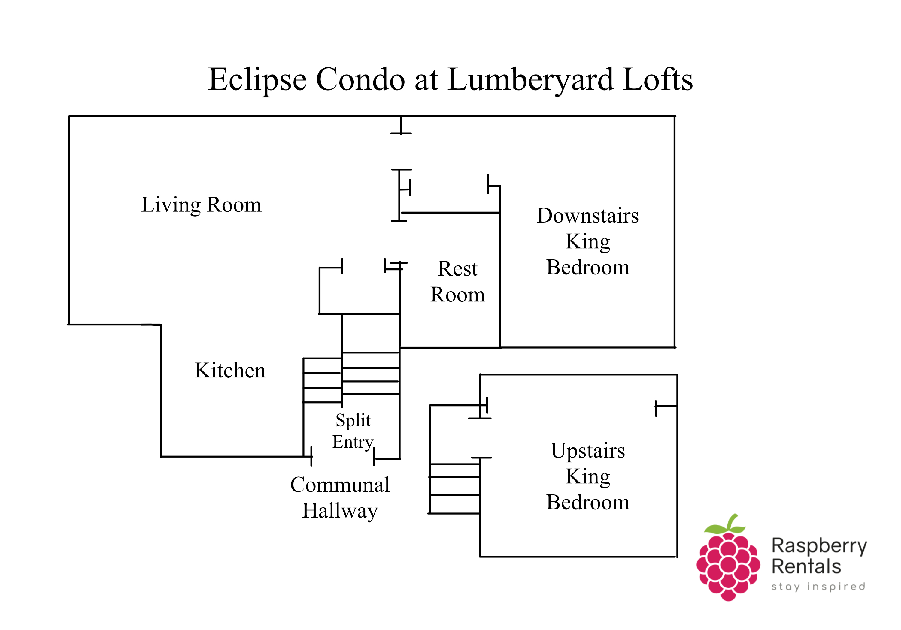 Floorplan for Eclipse Condo showing entryway leading upstairs to a king bedroom, or downstairs to the living room and kitchen, with restroom and king bedroom to the right.