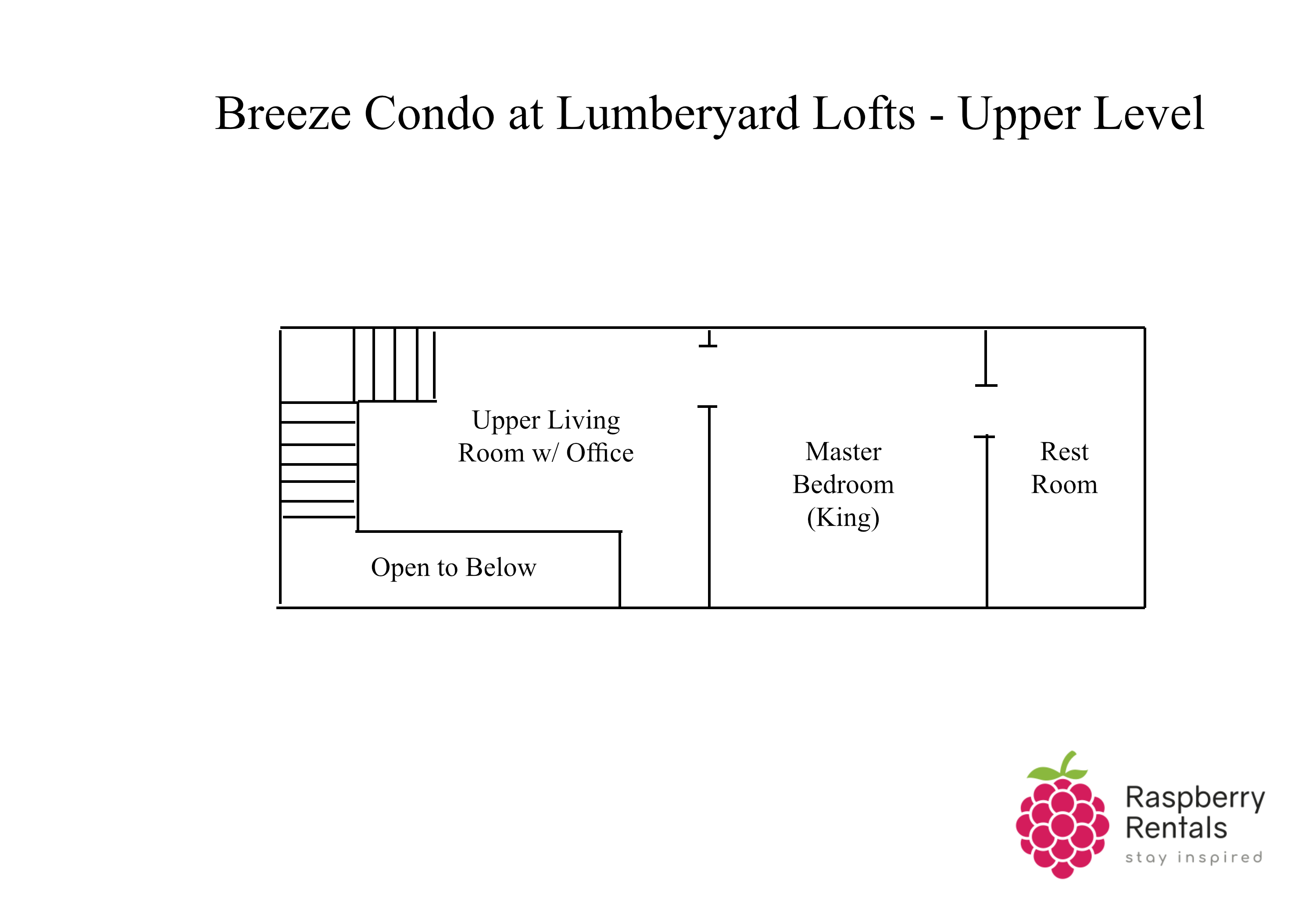 Floorplan to Breeze Condo's upper level showing a staircase with "L" turn into upper level living room, then master bedroom with king bed and large rest room.