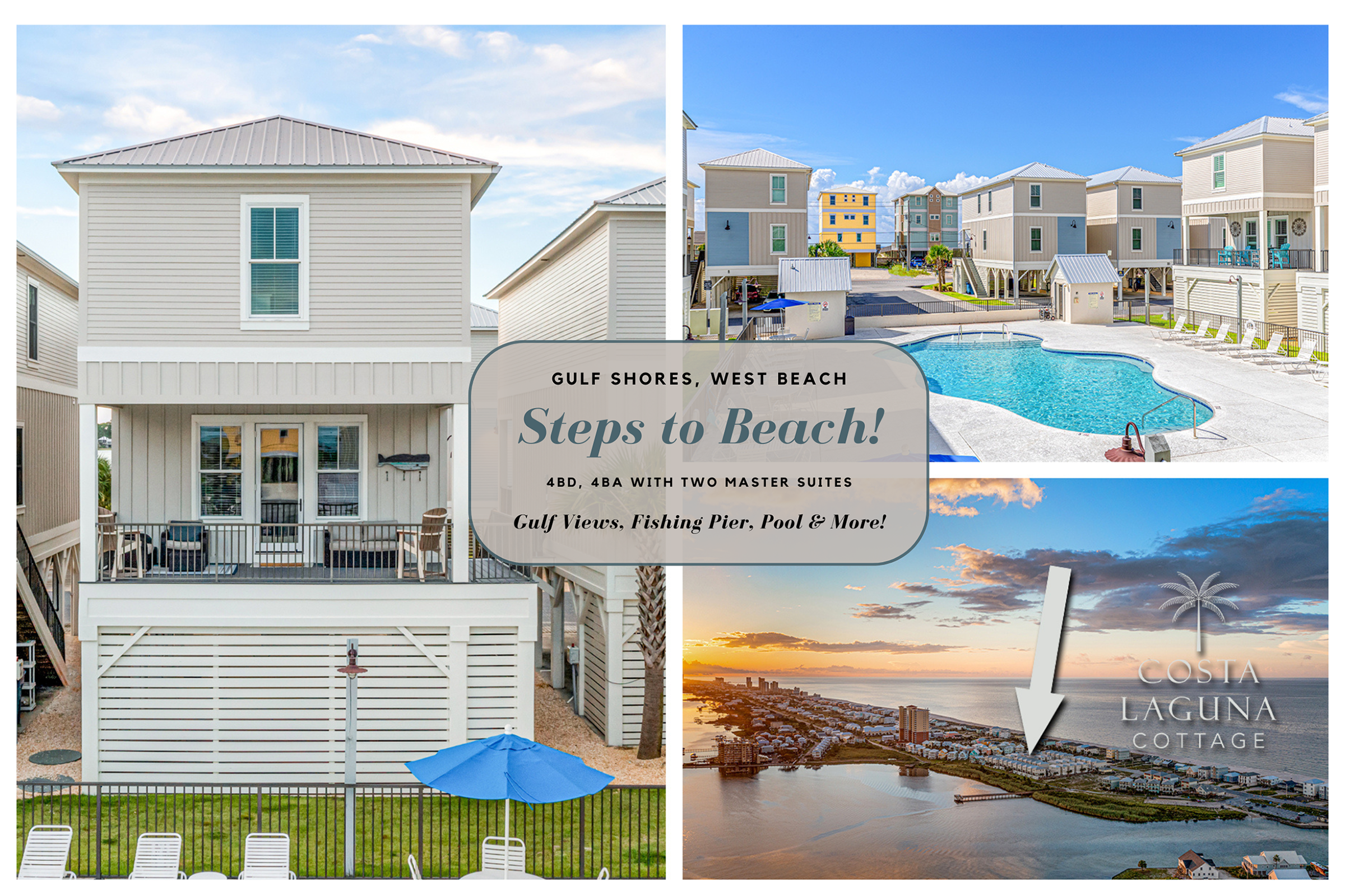 4 bed, 4 ba private cottage in West Beach, Gulf Shores. Steps to beach, pool, fishing pier & much more!