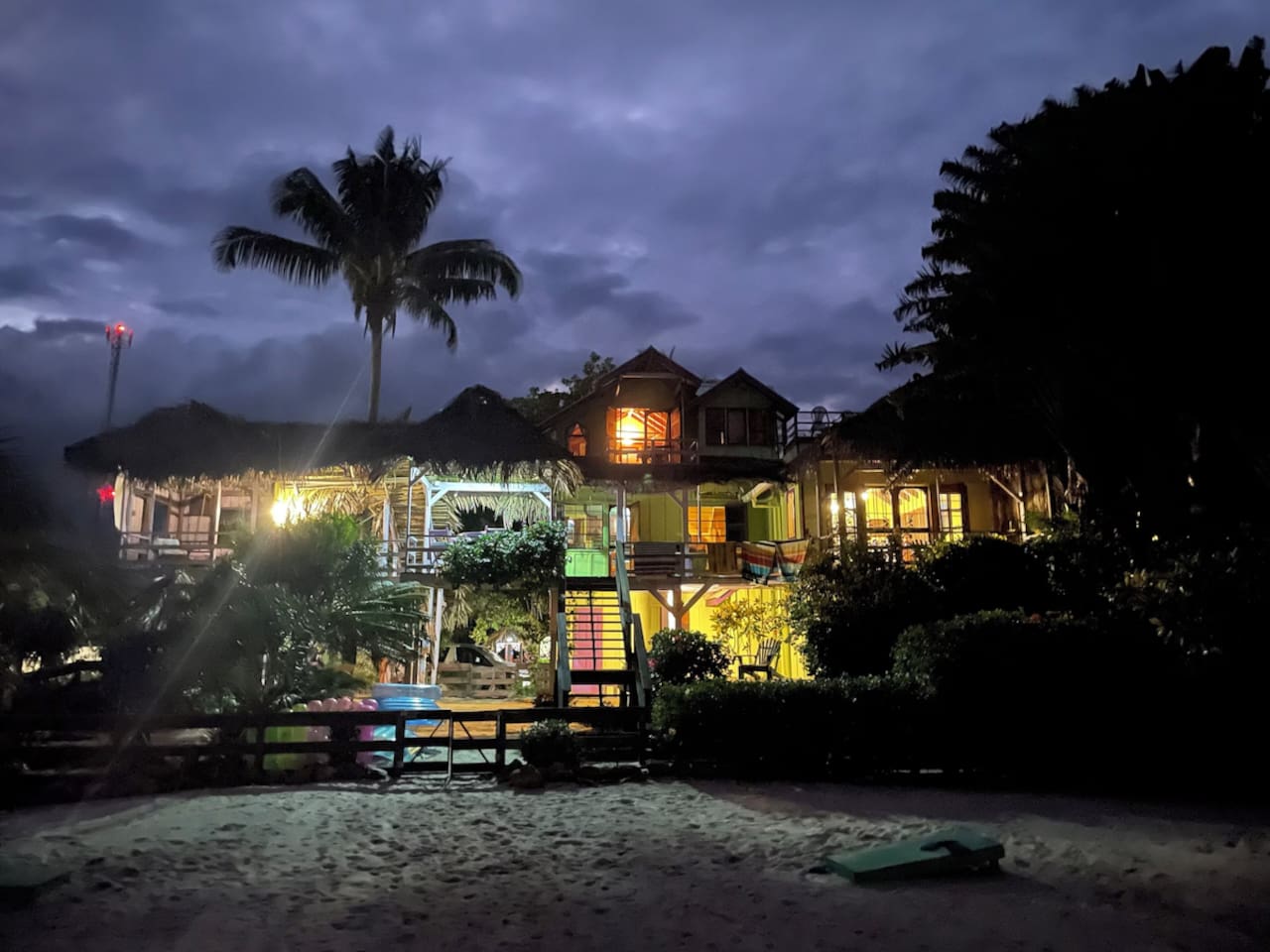 View of our villa from the beach at night.