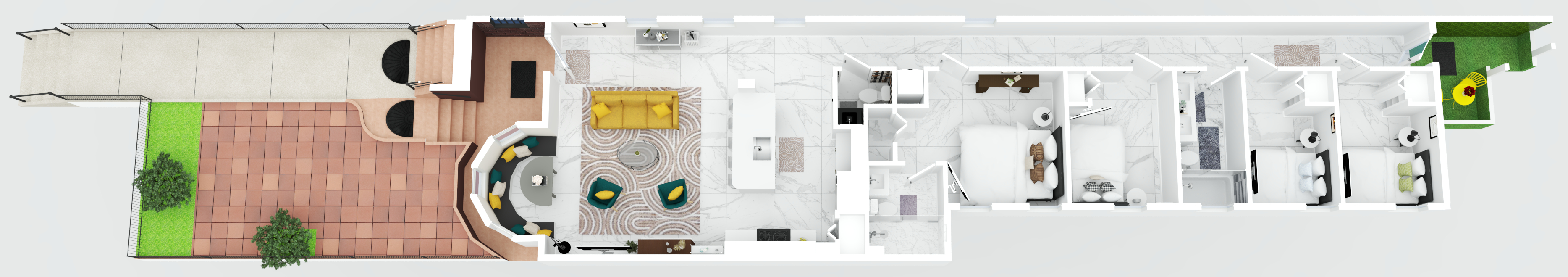 The space is approximately 1,300 sq ft total (interior) and has 4 bedrooms and 2.5 bathrooms, along with a shared front patio area and rear patio area on the exterior