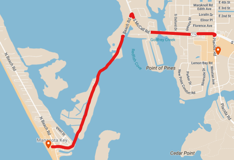 Map showing short 8-minute drive from Englewood to Manasota Key beaches.