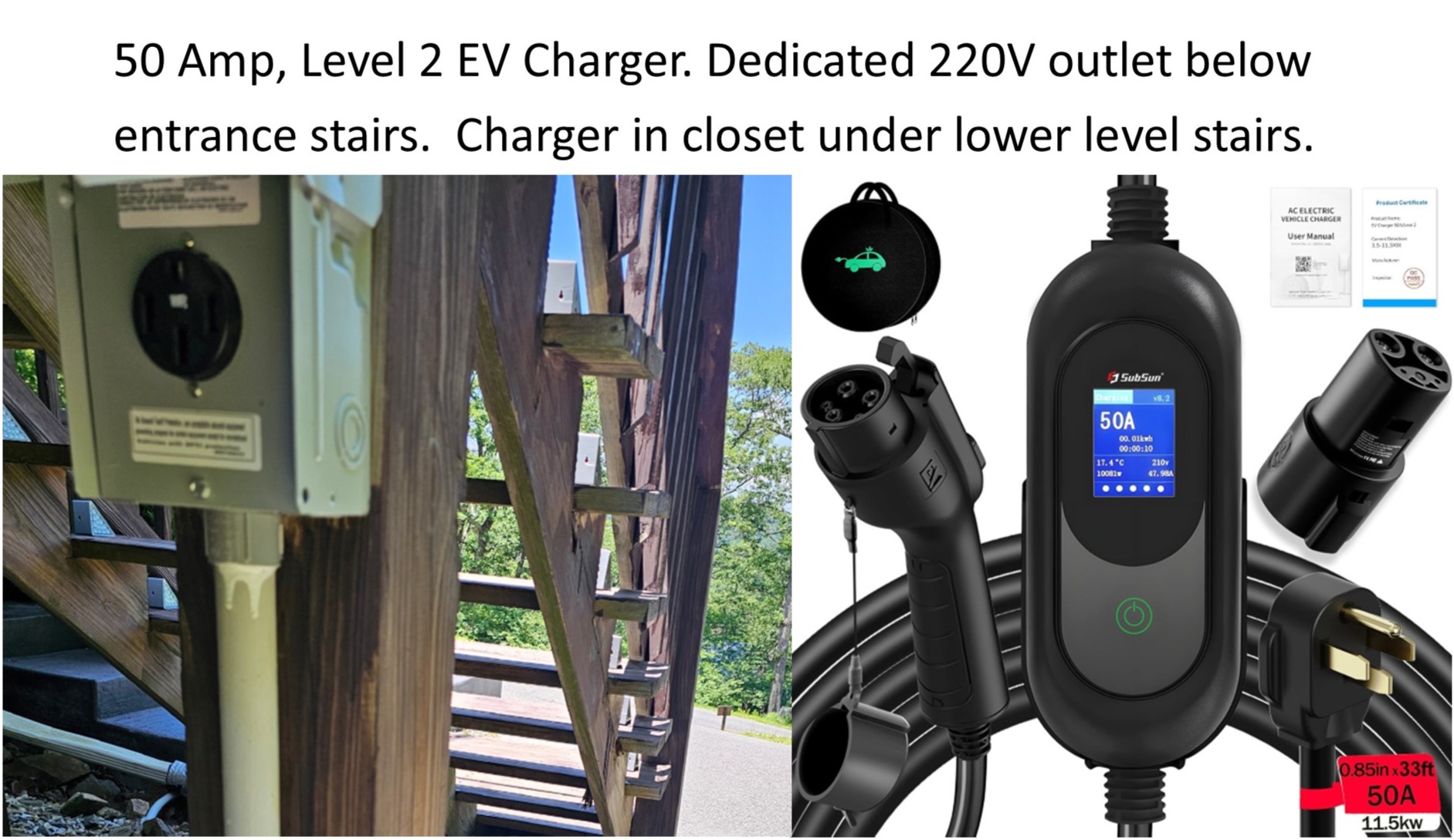 50-amp EV charger - convenient and guest ready - tucked just under entrance stairs