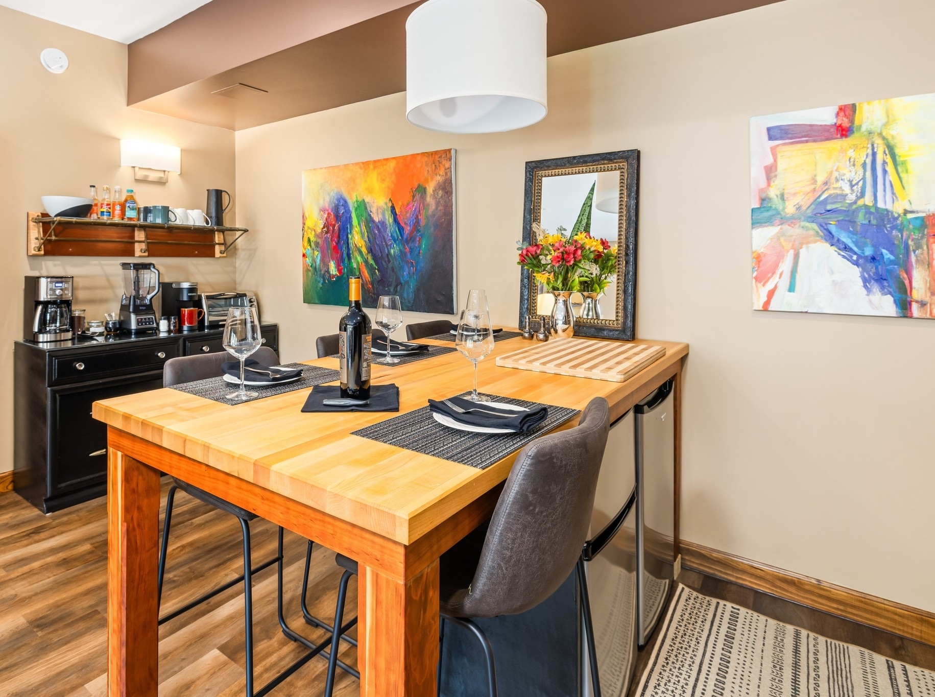Dining Island seats 5 comfortably, 6 snuggly. Perfect for gathering around appetizers, prepping meals, and card games together.
