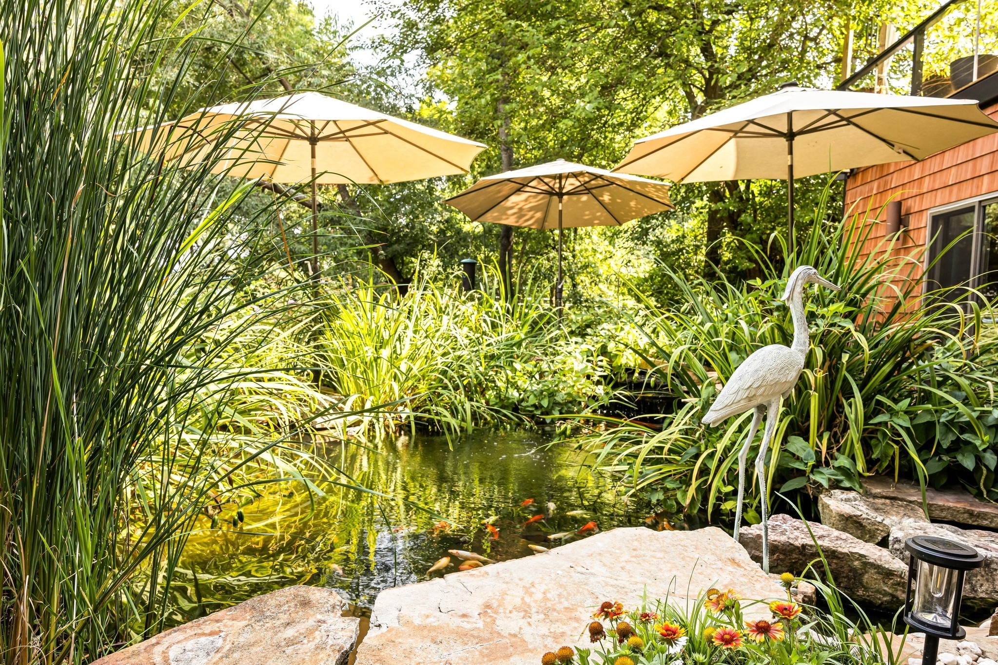 Come visit Henrietta the Heron guarding the 7,000 gallon Koi Pond at Oasis Abingdon, a quiet in-town getaway. Enjoy Fall colors in the private, tree-wrapped, half-acre yard. Enjoy time with friends  while watching deer wander through.