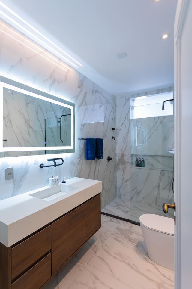 The apartment has seven new bathrooms -- six full and one powder room.  Beautiful tile and designer fixtures. 