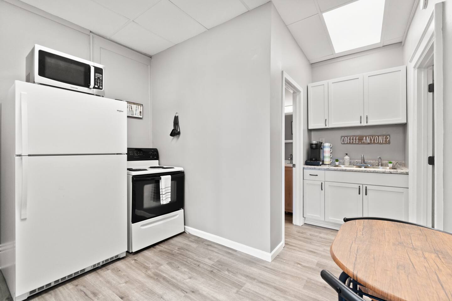 Our kitchenette is equipped with a refrigerator, microwave, and oven, providing all the essentials for your cooking needs