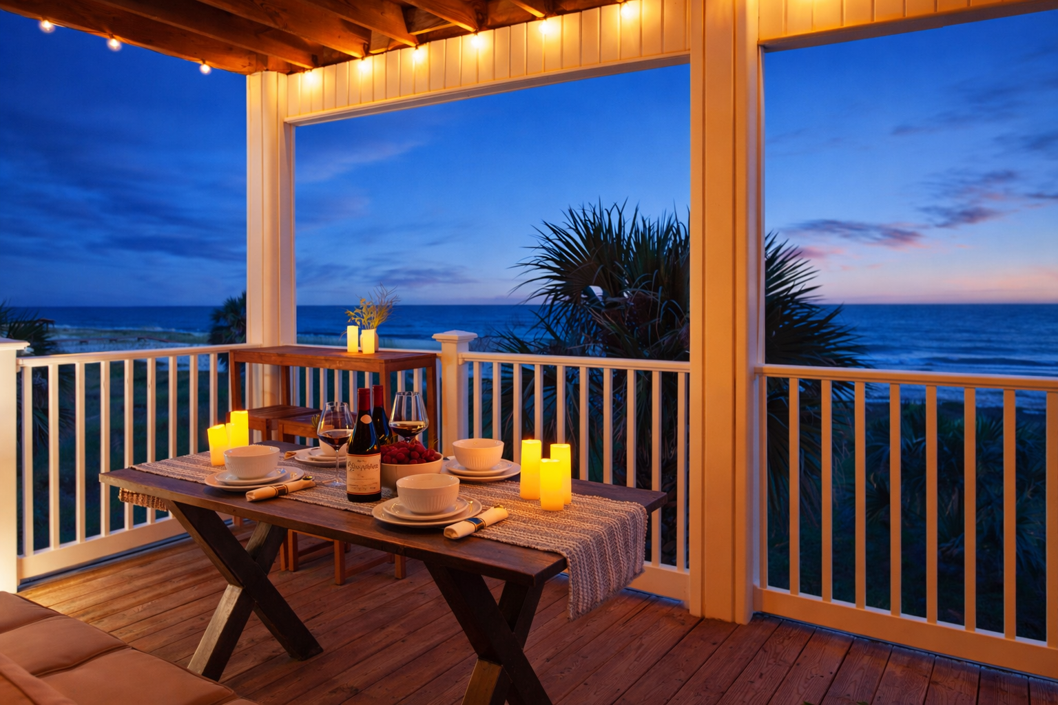 The balcony dining area offers a beautiful setting for outdoor meals with ocean views and cool evening breezes
