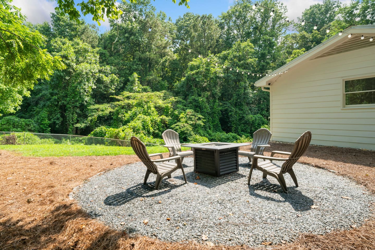 Quiet outdoor space to relax under the string lights