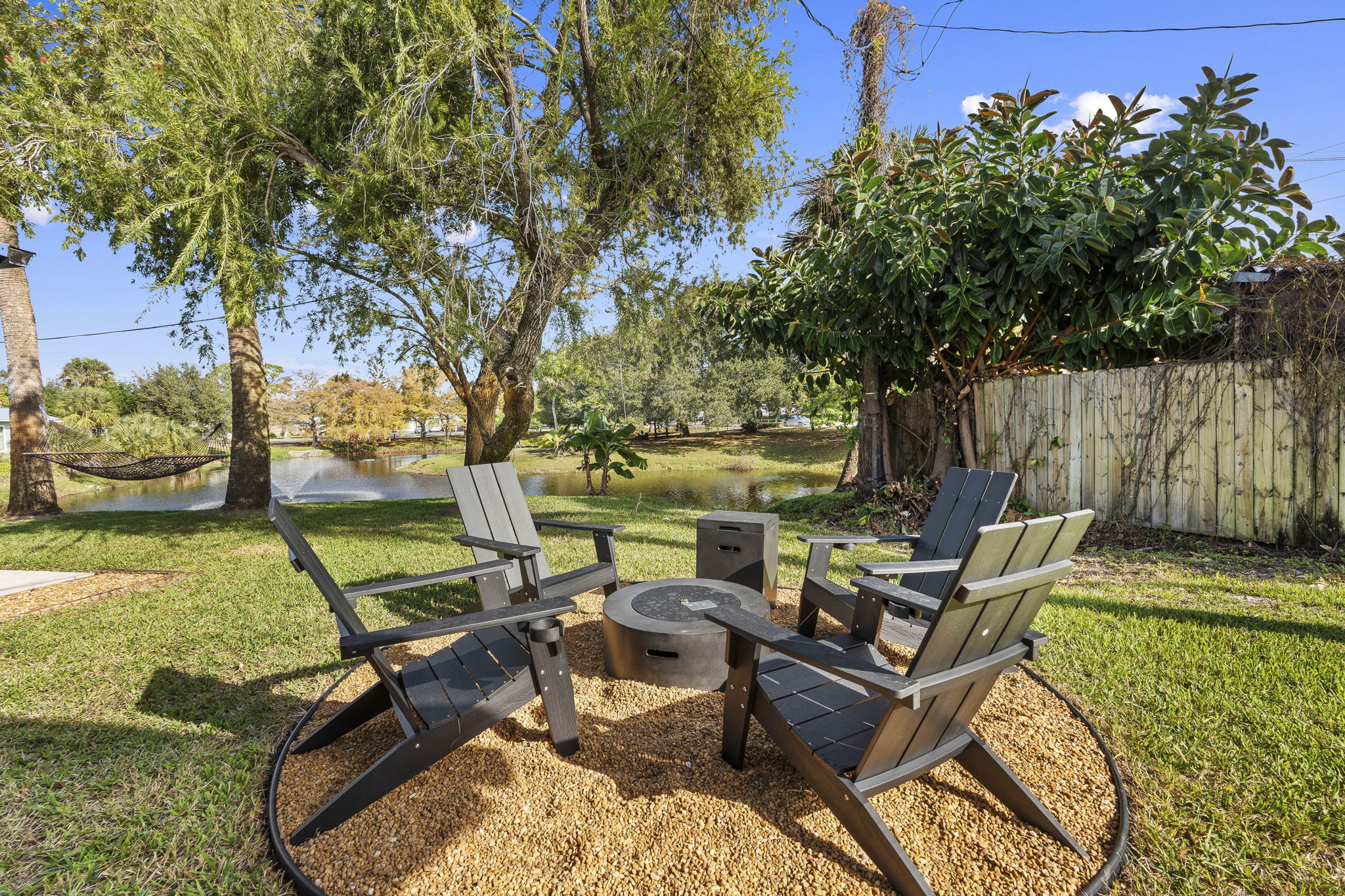 Fire pit overlooking pond
