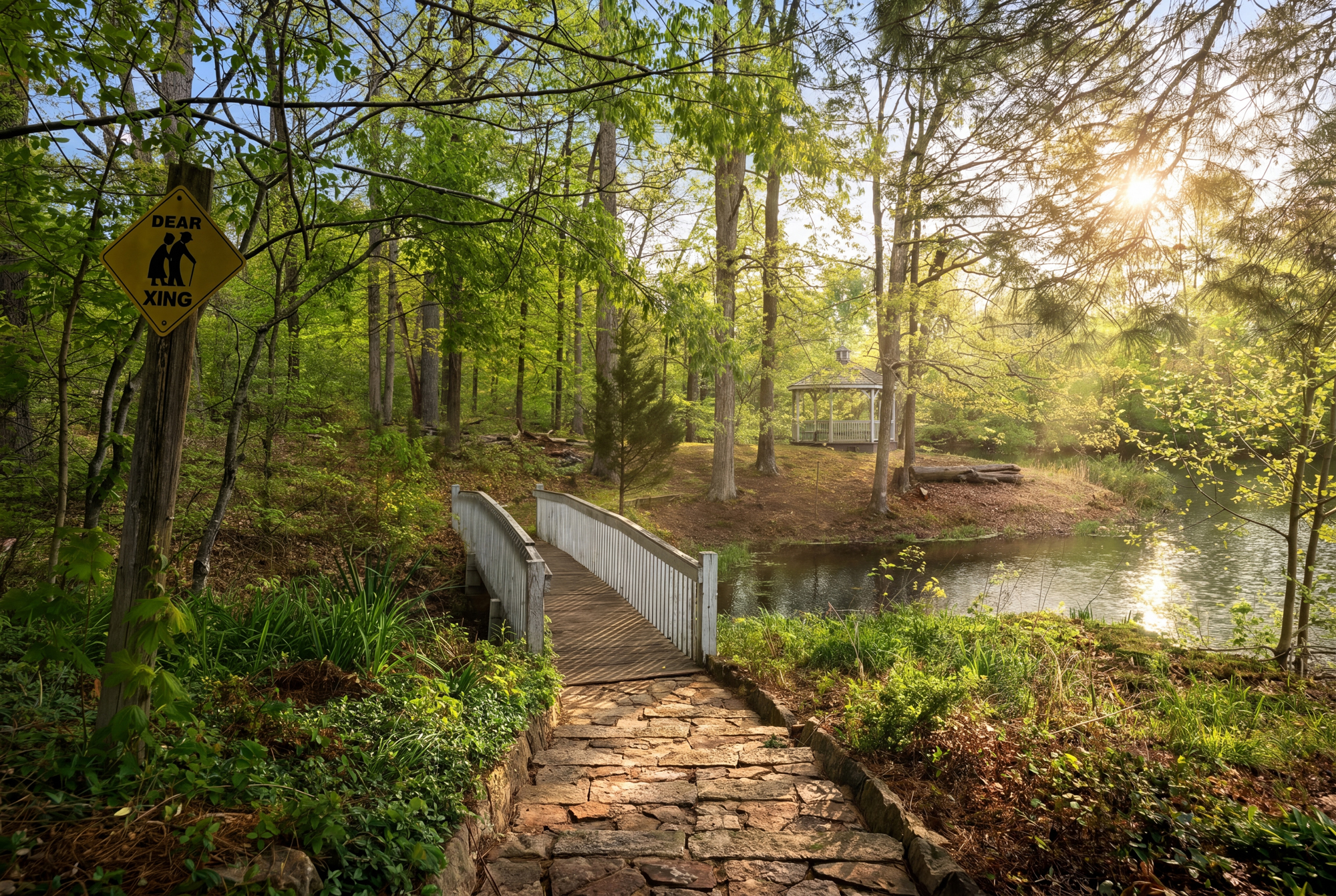 Bridge leading to secluded gazebo