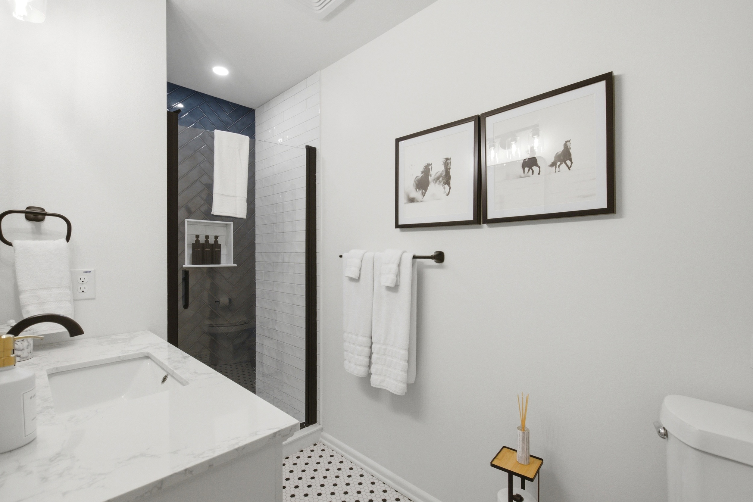Second Full Bathroom with Standing Shower and Single Vanity. Stocked with essentials by Ginger Lily Farms including Shampoo, Conditioner, Body Soap, and Shower Gel.
