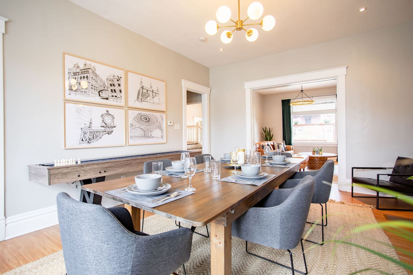 Spacious 6-seater dining table, ideal for enjoying meals with family or friends in a comfortable and inviting setting.