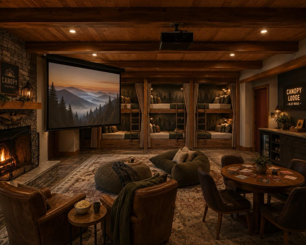 {Basement Bunk Room} Designed for movie marathons and group getaways, this cozy lower-level retreat features built-in bunks, a large projection screen, and plenty of space for everyone to gather.