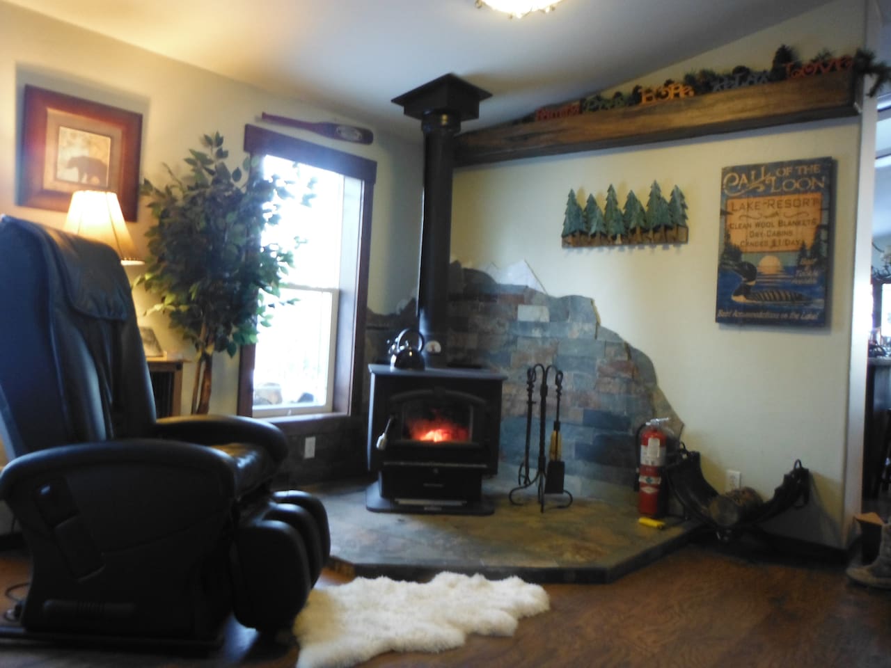 Relax in the massage chair next to a roaring fire!