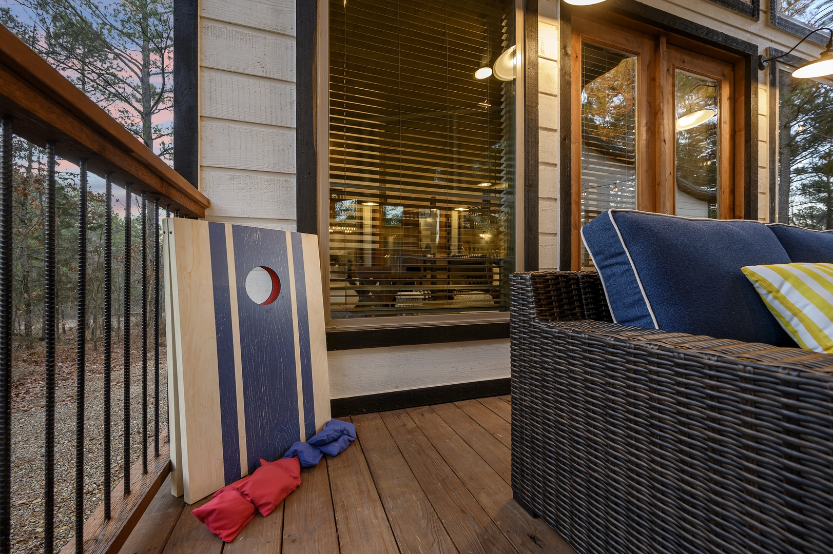 A little friendly competition on the deck — laughter and laid-back moments surrounded by the forest.