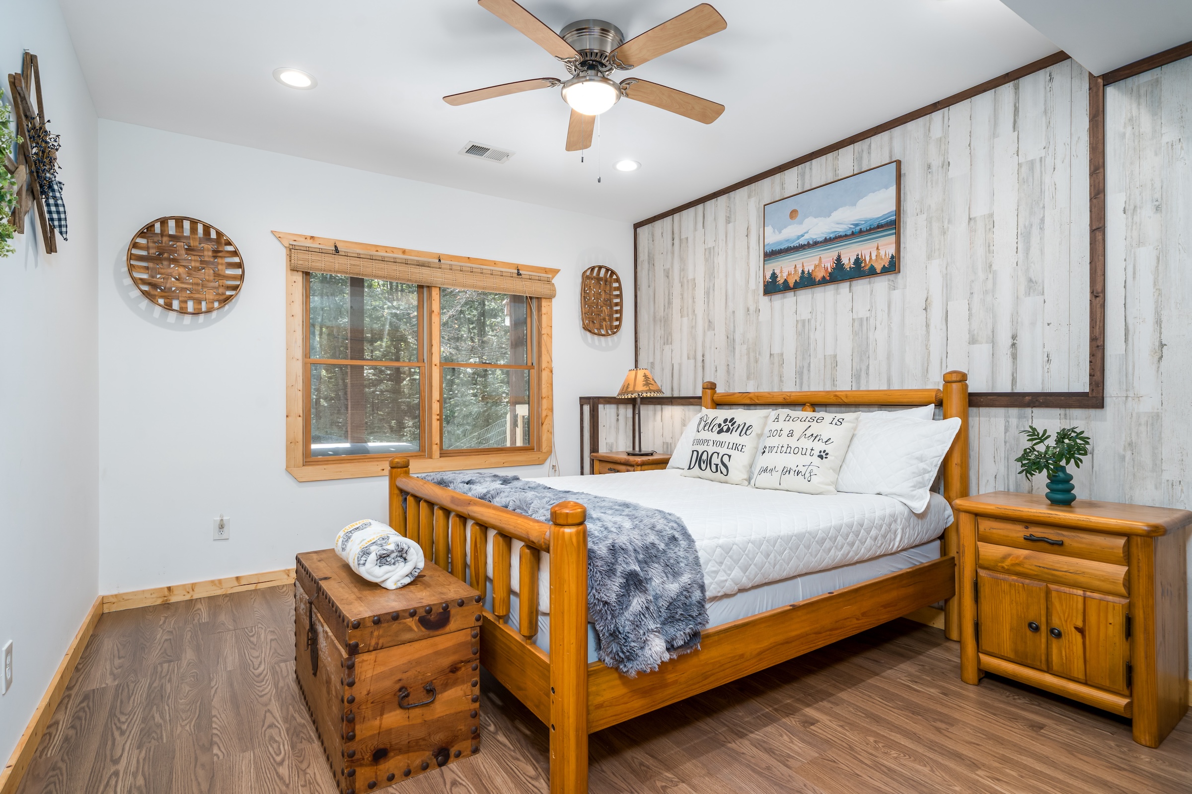 Rest easy in the queen bedroom. The mattress and pillows are fully covered, and every linen is sanitized and lint-rolled before your stay. A small closet with hangers keeps your things tidy.