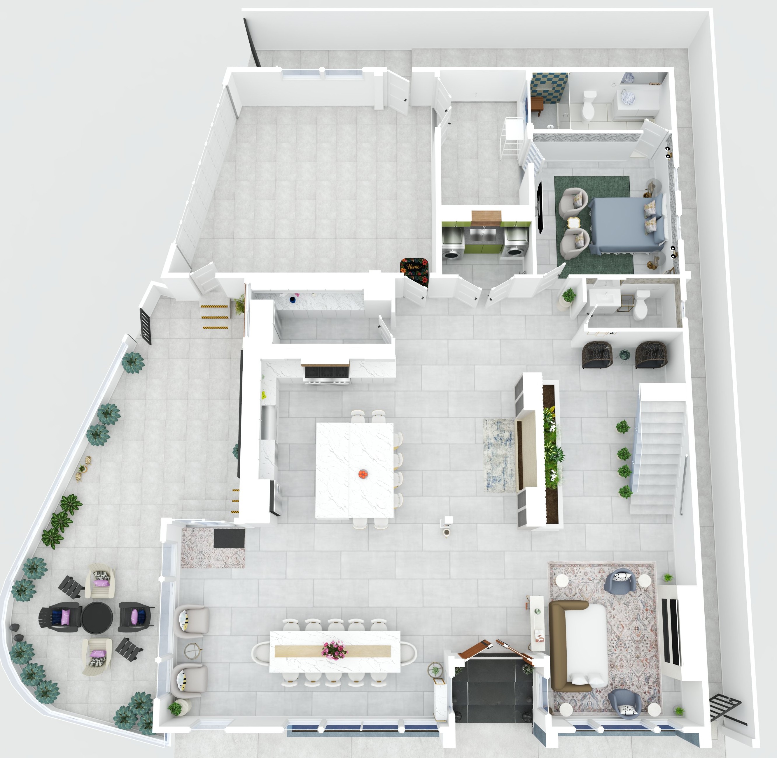 The first floor has the kitchen and pantry, dining area, living room, garden seating area, garage (can fit a full size vehicle), half bath, Cal King bedroom with ensuite bathroom, and outdoor firepit area.