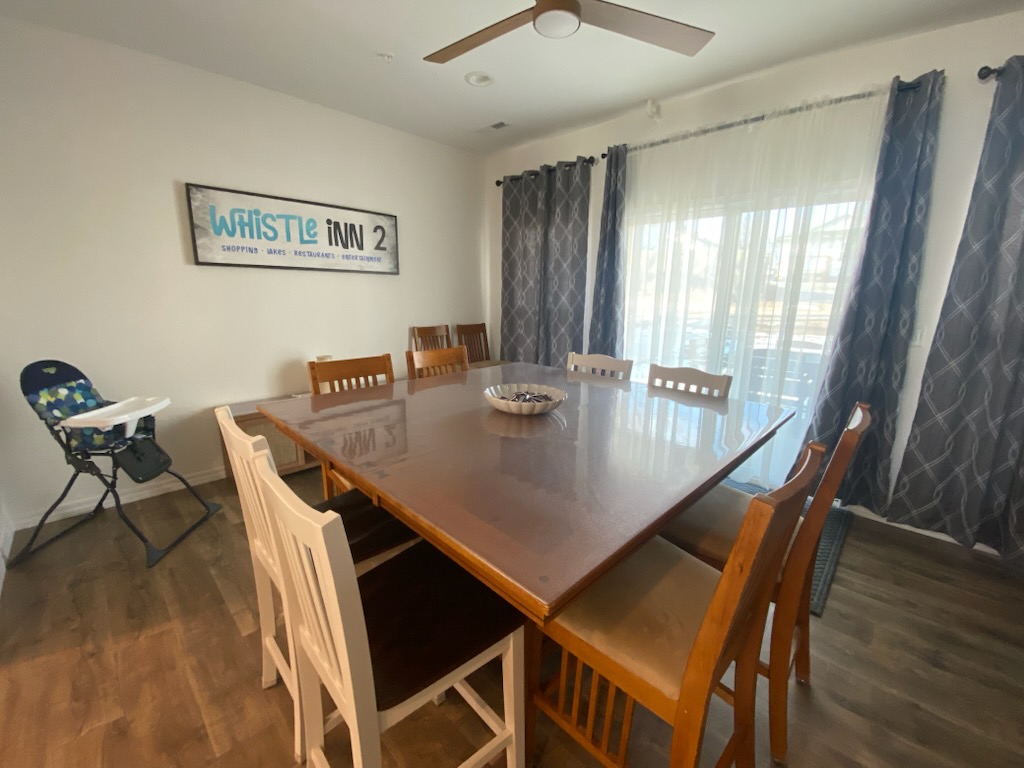Seating for 10 indoors and seating for 12 outdoors at dining tables. Seating for 4 at kitchen counter. Ceiling fans and recessed lighting in every room.