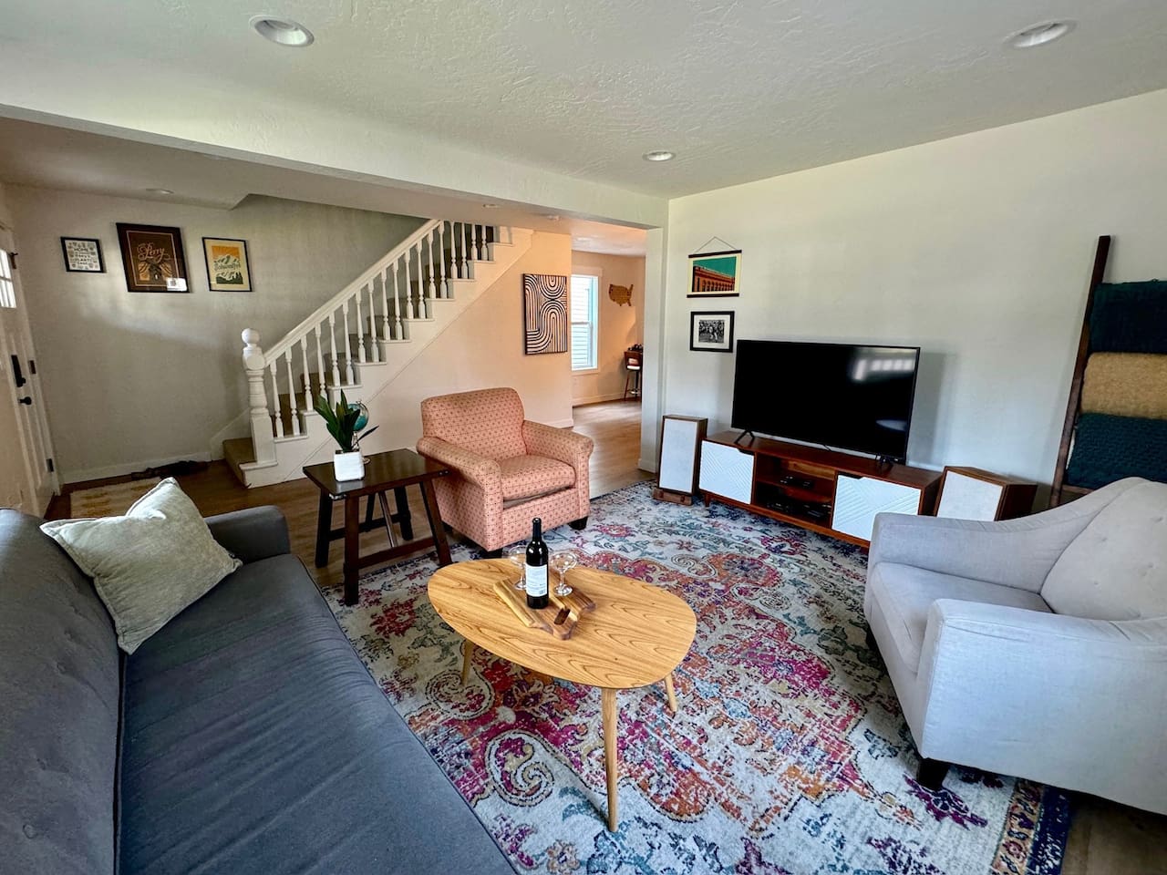 Imagine curling up in this cozy living room for a movie night or perhaps a family game night. We offer board games for our guests to enjoy during their stay with us! 