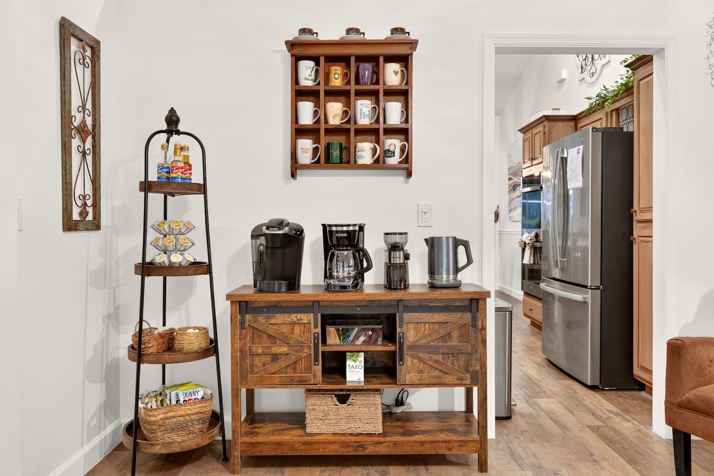 Located just off the kitchen, we have provided a fully stocked coffee, tea and snack station.  There is also a coffee grinder if you happen to pick up some local gourmet coffee while out on your local adventures!  (Initial supply only-no refills)