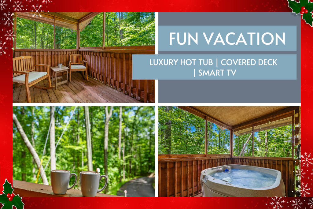 Unwind on the covered deck with a bubbling hot tub, fresh air, and forest vibes.