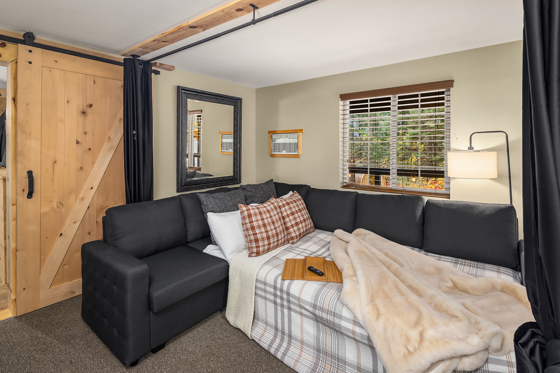 Lower level TV room with full-sized pull-out couch, and curtains to provide additional privacy