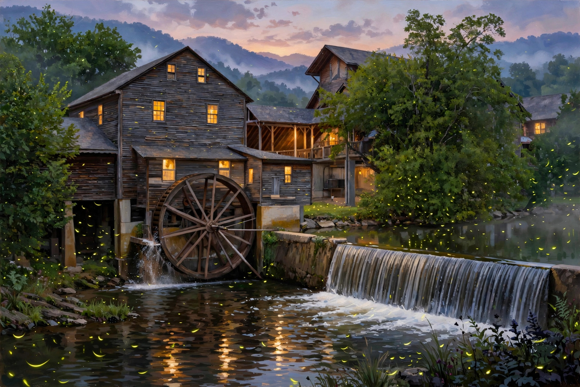 Illustration of the Old Mill waterwheel on the Little Pigeon River at dusk