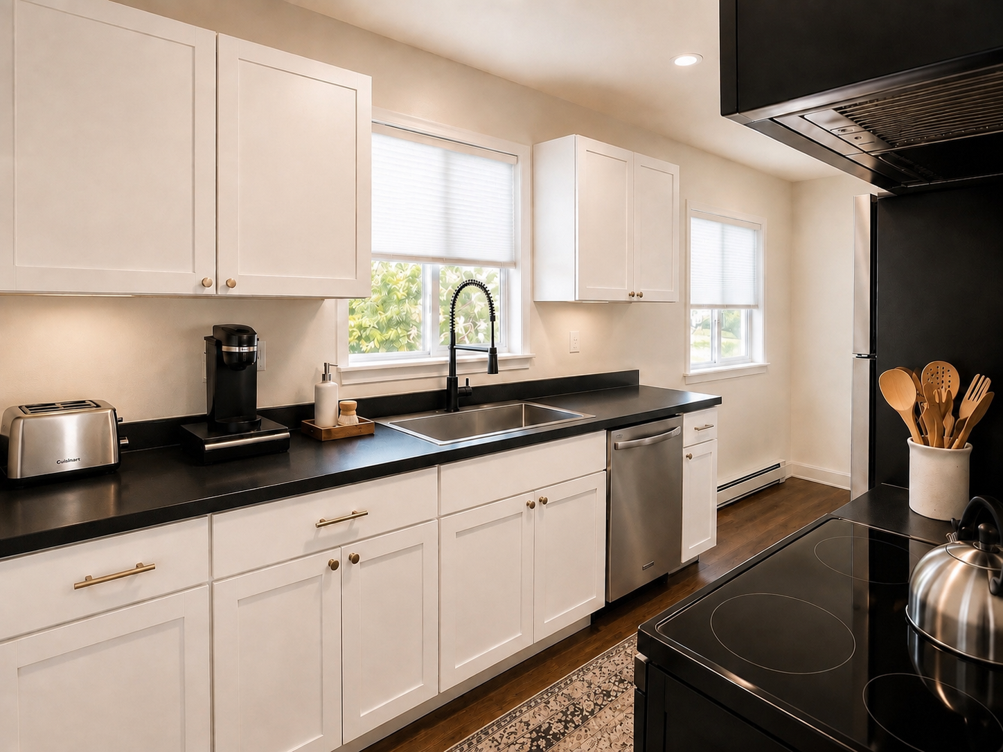 Bright, fully equipped kitchen with modern appliances and plenty of counter space