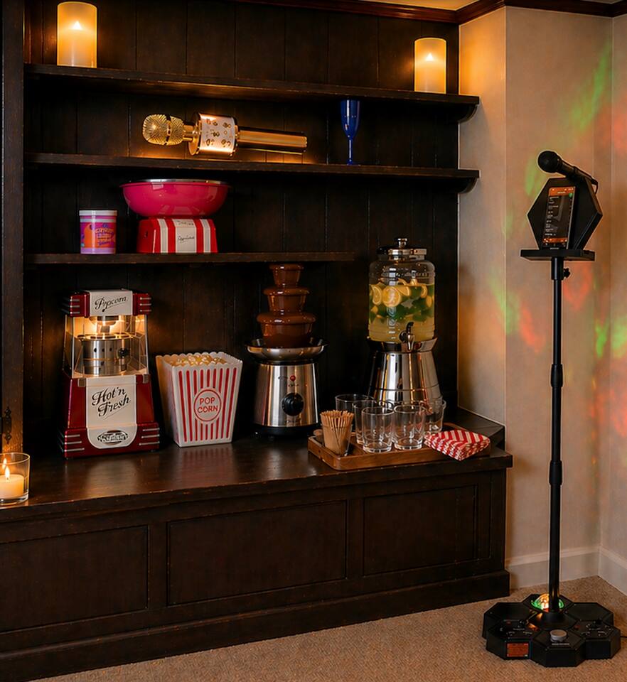 Warm, inviting snack bar meets entertainment hub. Enjoy fresh popcorn, cotton candy, and a chocolate fountain, alongside a refreshing beverage station. Soft candlelight and ambient lighting create a cozy vibe, while a karaoke stand adds a fun, intera