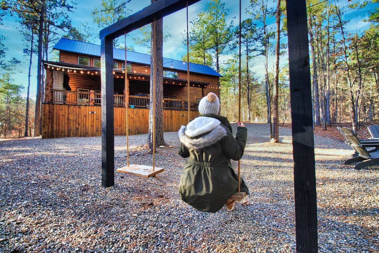 Enjoy peaceful afternoons swinging gently while keeping an eye on the glowing fire pit.
