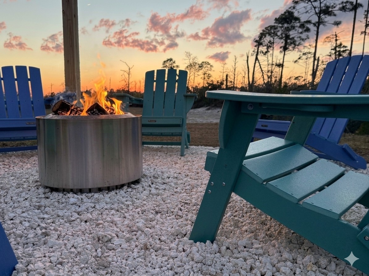 Gas grill (not shown) and smokeless firepit with Adirondack chairs for cozy outdoor hangs.
