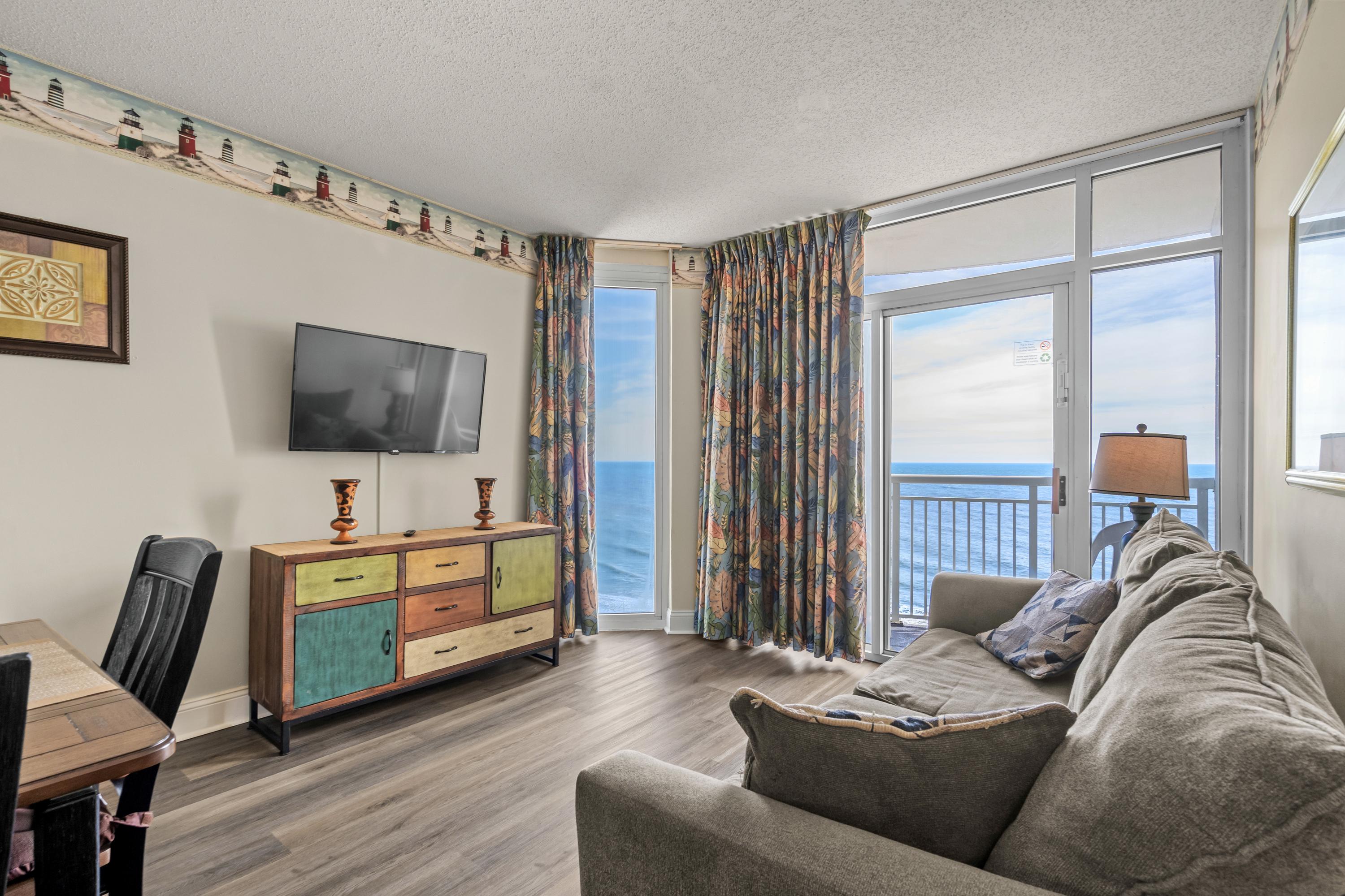 Cozy living space with mounted flatscreen TV