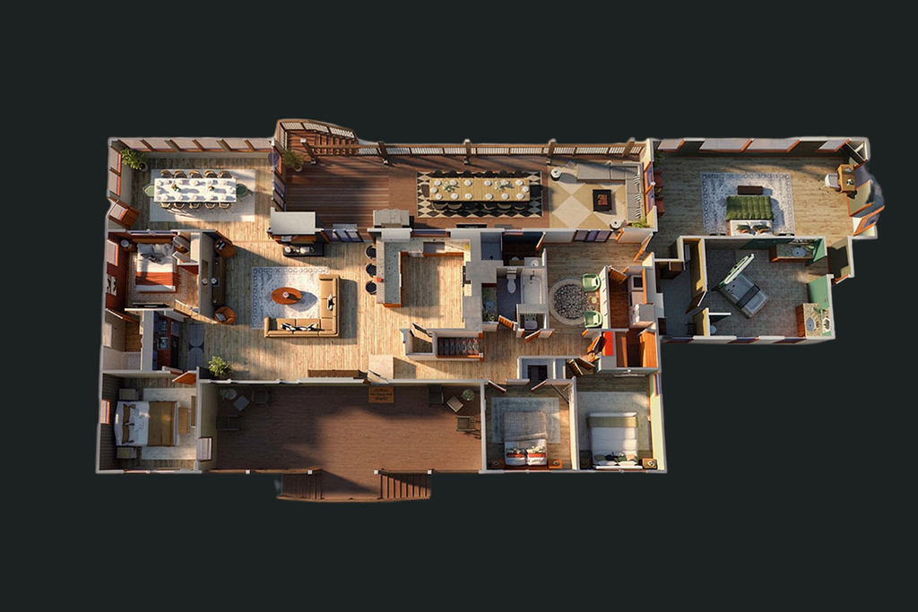 {Main Level Floor Plan} See how the kitchen, dining room, living spaces, bedrooms, bathrooms, and outdoor decks connect across the spacious main level.