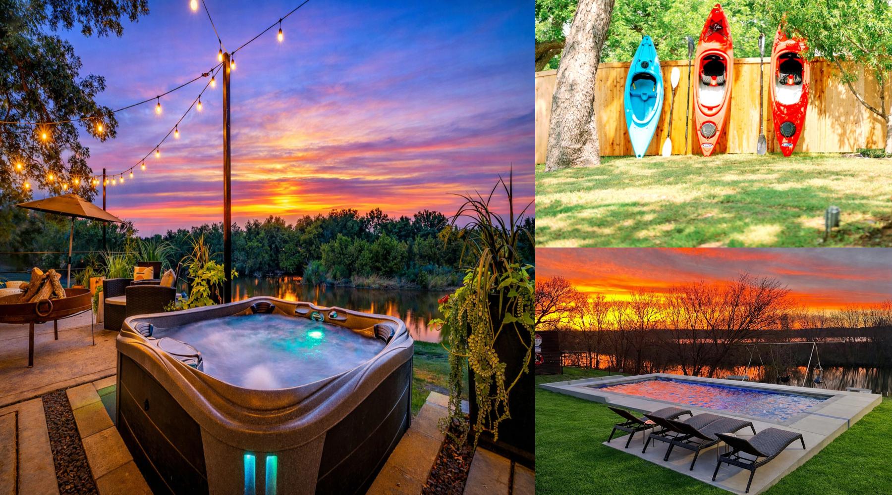 Hot tub at sunset. Kayaks by day. Poolside all weekend.