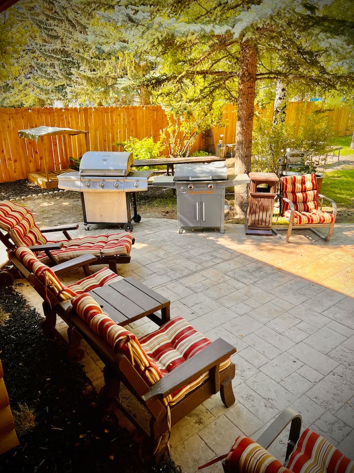 Outdoor cooking is a favorite with grills and patio furniture to use as well as picnic tables to sit at.